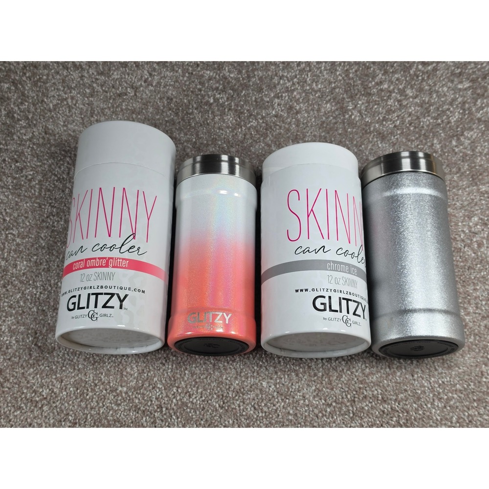 Glitzy Girlz Skinny Can Cooler 2 Pack Coral Ombre & Chrome Ice 12oz Slim Cans